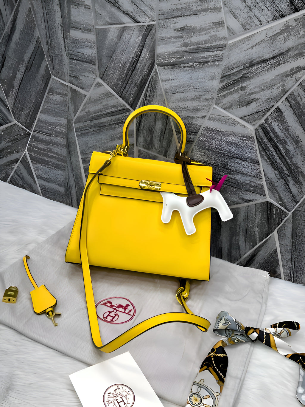 Hermes Kelly 25 Yellow With DustCover Long Belt HorseCharm Ribbon Premium Medium Handbag