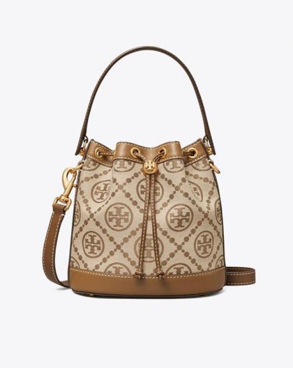 Tory Burch T Monogram Jacquard Bucket Bag With OG  Box & Dust Cover Brown