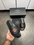 Prada Logo Leather Slides Brown Strap Premium