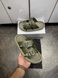 Alexander McQueen Leather Double Buckle Sandals Slide Olive Premium