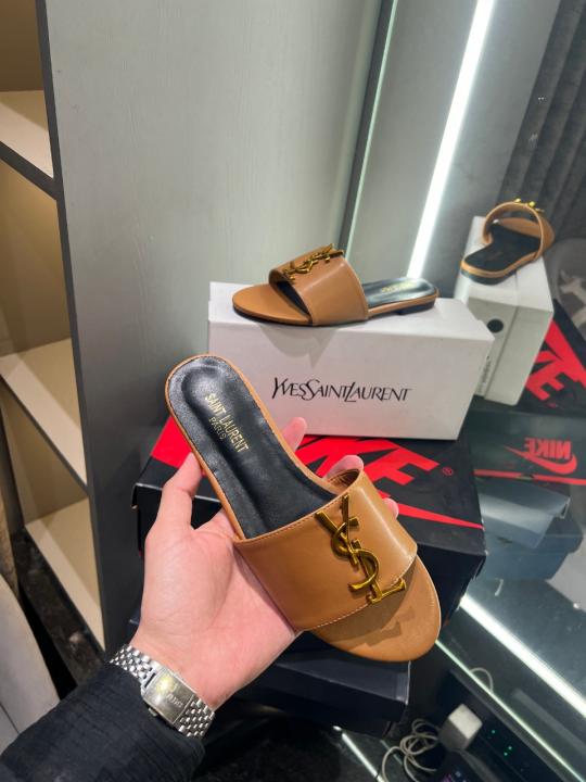 YSL Saint Laurent Premium Flats With OG Box & Dust Bag (Brown - 1102)