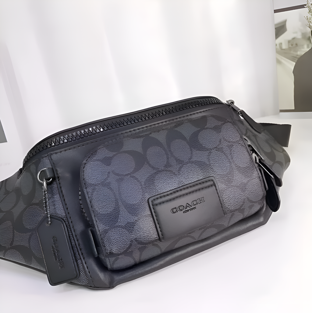 Coach Unisex Waist Pouch Track Belt Bag Signature Canvas Gunmetal Lock With Dust Bag (G1130 Black Black)