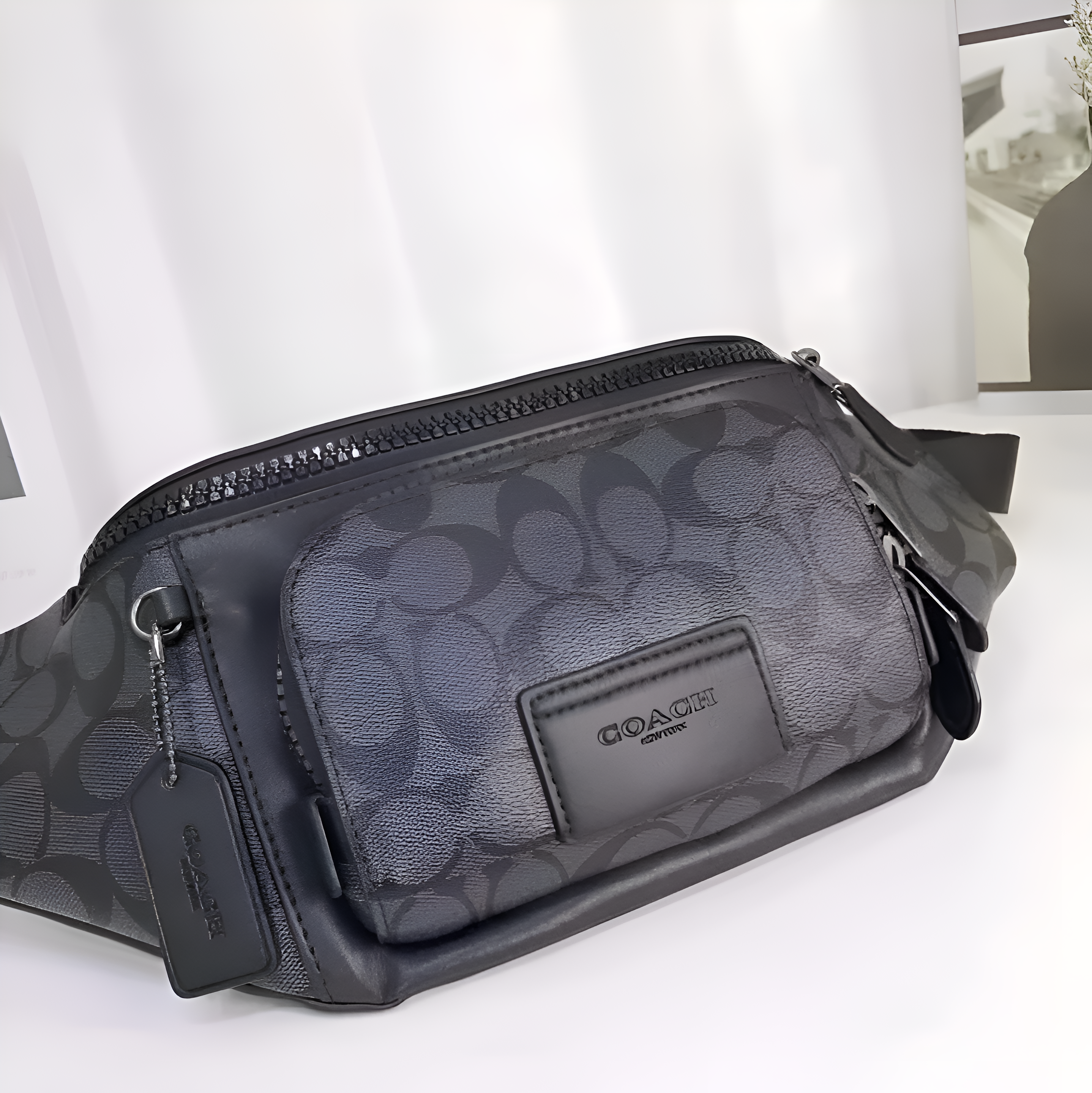 Coach Unisex Waist Pouch Track Belt Bag Signature Canvas Gunmetal Lock With Dust Bag (G1130 Black Black)